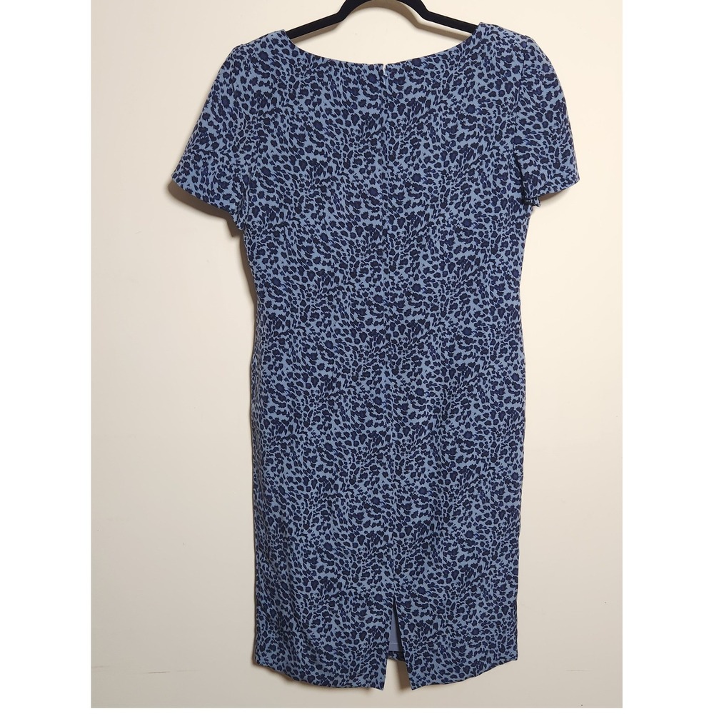 Vtg Maggy London 100% Silk Leopard Print Shift Dress‎ Sz 8 Blue Pleated Notch V - Picture 2 of 9